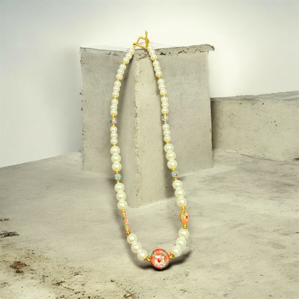 Handcrafted Cloisonné Pearl and Gold Beaded Necklace - Picture 8 of 12